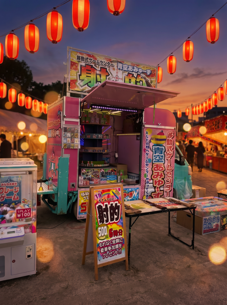 夜のお祭り会場で提灯に照らされた青空あみゅーずの移動式ゲームセンター車両